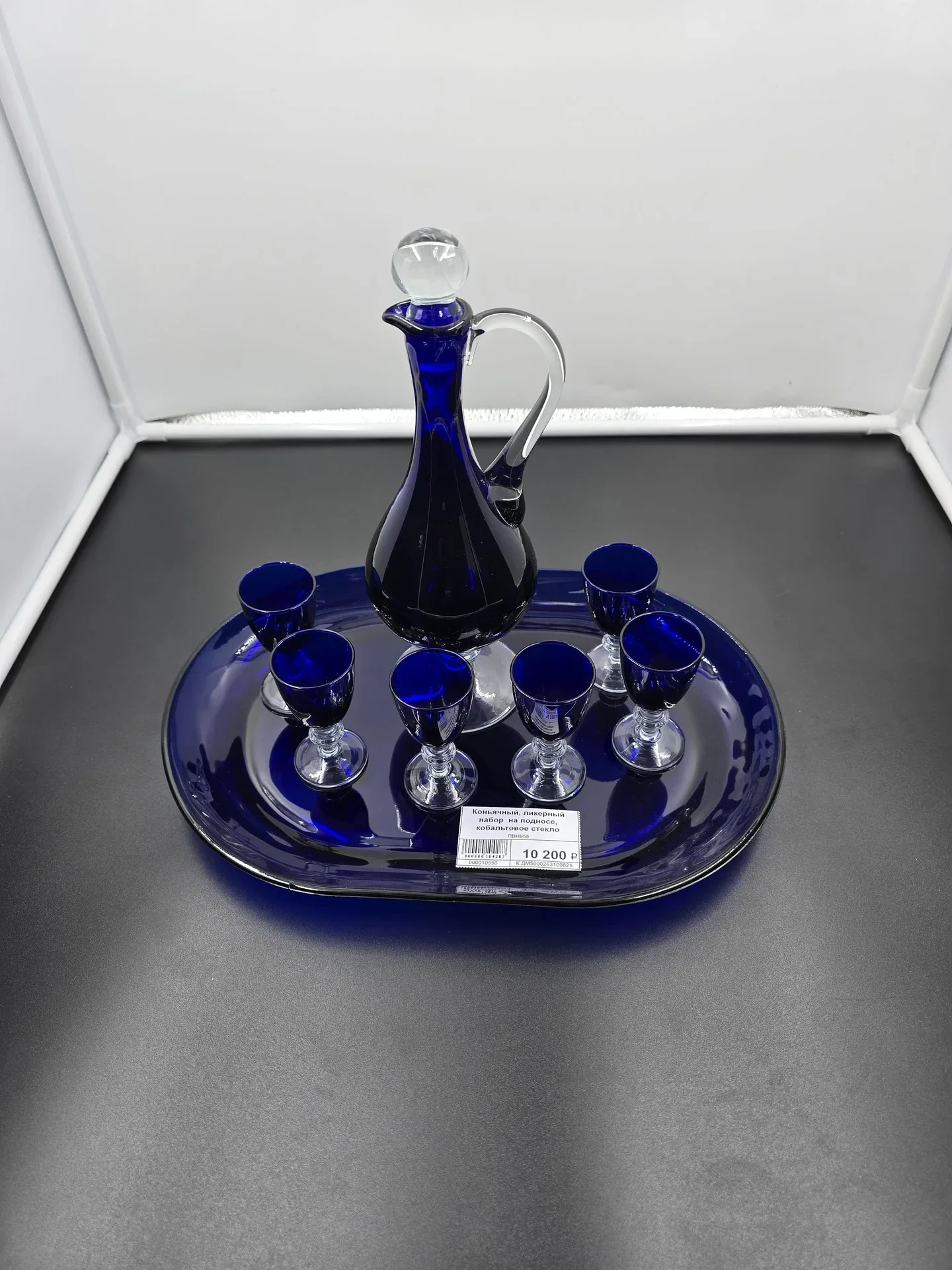 Коньячный, ликерный набор на подносе, кобальтовое стекло — фото 1